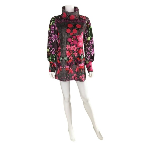 Custo Barcelona Dress sz 4 Velvet Velour Turtleneck Puff Long Sleeve Floral Y2K - Picture 2 of 16